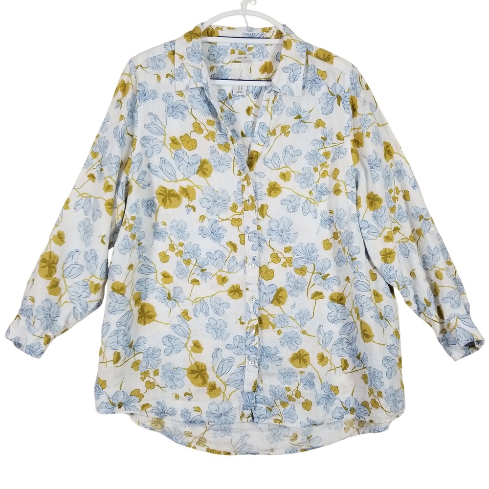 Joie 100% Linen Floral Button Down Shirt Womens 1X Blue Yellow Long Sleeve Top